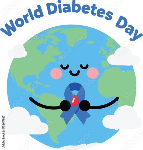 World Diabetes Day vector with smiling Earth, blue ribbon, red drop, and awareness text for global health campaign design