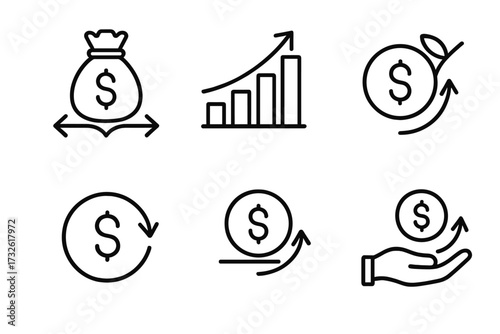 Return on investment icons line style set with money bag, growth chart, profit increase, capital, dividend, ROI, sales, and financial collection symbols vector illustration