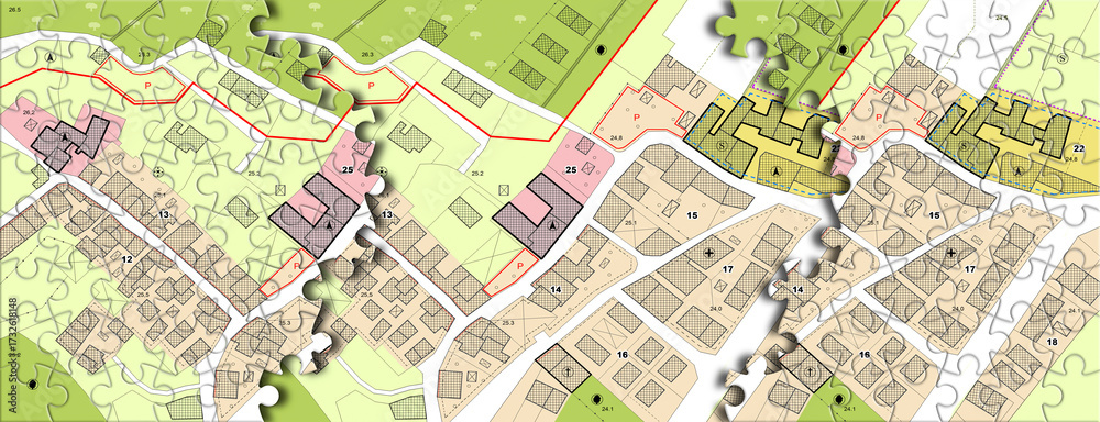 Obraz premium URBAN PUZZLE MAP CONCEPT OF PLANNING, STRATEGY AND CITY GROWTH - Metaphorical illustration for architecture design, teamwork, organization, real estate planning, urban connection