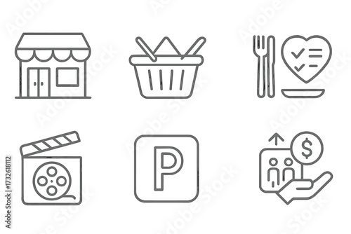 Shopping mall web icons in modern line style, store, shopping basket, food court, wishlist heart, cinema clapperboard, parking sign, elevator, collection concept, vector illustration