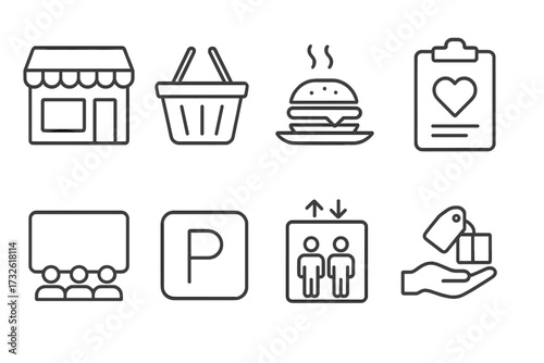 Shopping mall web icons line style vector illustration with store, basket, foodcourt, wishlist, cinema, parking, elevator, and collection symbols for user interface design