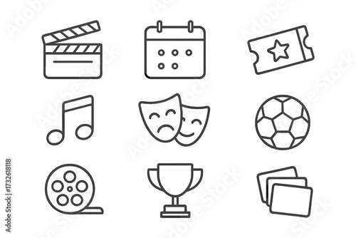 Cinema and entertainment line icons collection. Movie clapper, event calendar, ticket, music note, theater masks, soccer ball, film reel, trophy award, and photo gallery vector illustration