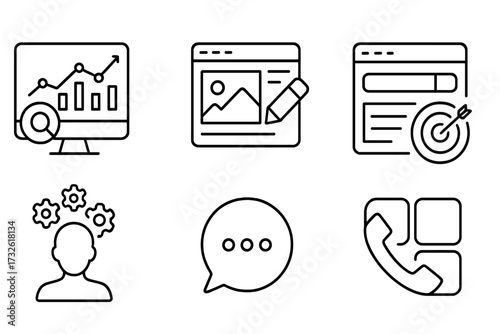 Social media and web icons in line style, digital marketing symbols including data analytics, blogging, SEO, management, messaging, phone communication, collection concept vector illustration