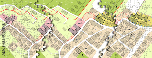 URBAN PUZZLE MAP CONCEPT OF PLANNING, STRATEGY AND CITY GROWTH - Metaphorical illustration for architecture design, teamwork, organization, real estate planning, urban connection