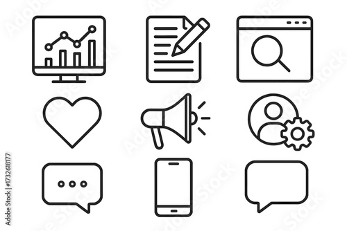 Social media and web icons in line style, data analytics graph, blogging, SEO, digital marketing, like symbol, user management, messaging, smartphone, communication vector illustration