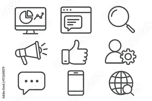 Social media and web icons in line style, including data analytics, blogging, SEO, digital marketing, likes, management, messaging, smartphone, and internet globe vector set