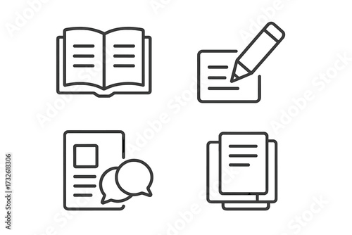 Text and reading line style web icons set with copywriting, communication, writing, messaging, documents, speech bubbles, and digital content vector illustration