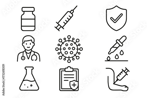 Vaccine and vaccination icons set in line style, medicine and healthcare vector illustration, vaccine dose, antivirus, doctor, virus, testing, lab, medical infographic collection