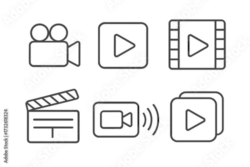 Video web icons line style set including camera, play button, film strip, cinema clapperboard, live streaming, and media controls vector illustration collection with transparent background
