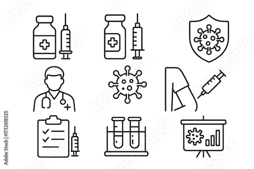 Vaccine and vaccination icons in line style. Medical vaccine dose, virus protection, doctor consultation, virus testing, laboratory analysis, healthcare infographic collection vector illustration