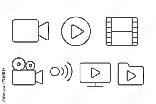 Video and media icons set in clean line style including camera, play button, filmstrip, cinema projector, live broadcast, and media folder, vector illustration for digital use