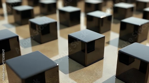 Array of reflective dark cubes on a glossy surface with soft light and shadows