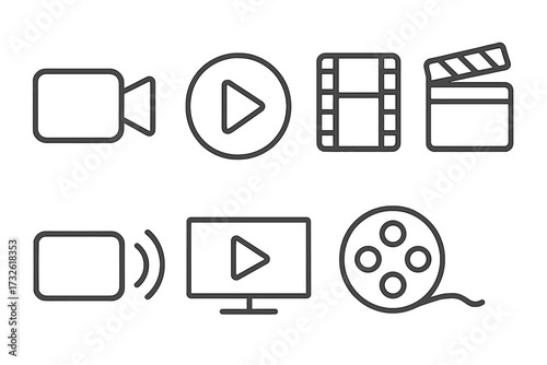 Video and media web icons in minimalist line style, movie camera, play button, film strip, cinema clapperboard, live stream, video player, film reel, digital media symbols, vector illustration