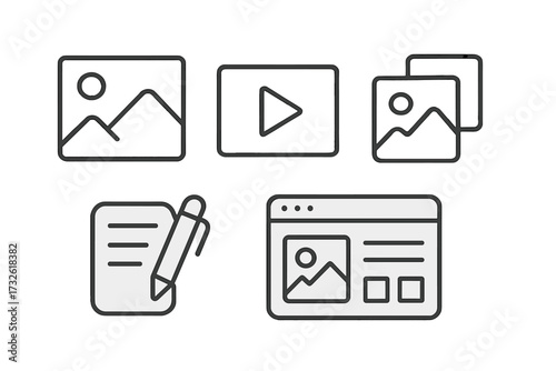 Web content icons in stylish line art design, multimedia symbols including photo, video, media, blogging set, clean vector illustration with transparent background, modern UI elements
