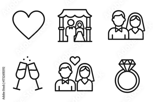 Wedding line icons set, love and marriage symbols, bride and groom, wedding ceremony, celebration with champagne glasses, engagement ring, romantic couple, vector line art