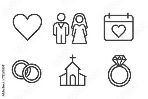 Wedding icons set in line style with love heart, bride and groom couple, celebration calendar, marriage rings, church building, and diamond engagement ring vector illustration