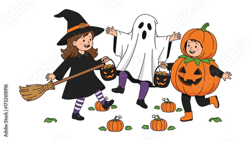 Halloween Costumes: Delightful Halloween characters, a charming witch, a friendly ghost, and a playful pumpkin, engage in the spooky celebration. A vibrant scene of candy, joy, and trick or treat.