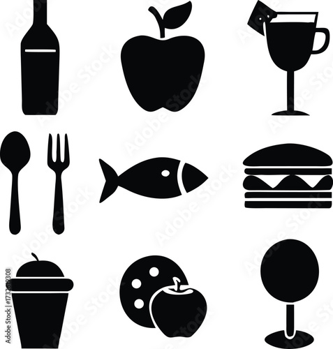 Collection of black food and drink icons on white background vector