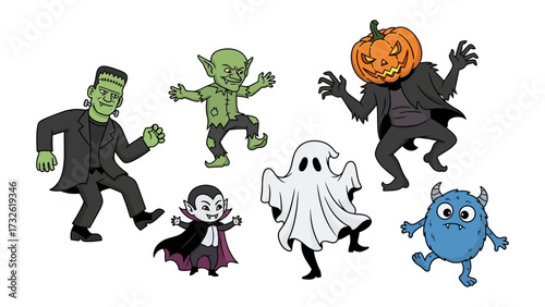 Whimsical Halloween Creatures: A collection of adorable monsters and classic characters frolic playfully, inviting you into a world of festive fun and spooky delight!