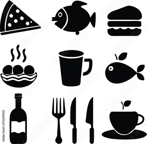 Collection of black food and drink icons including pizza slice fish burger hot soup coffee cup bottle and cutlery