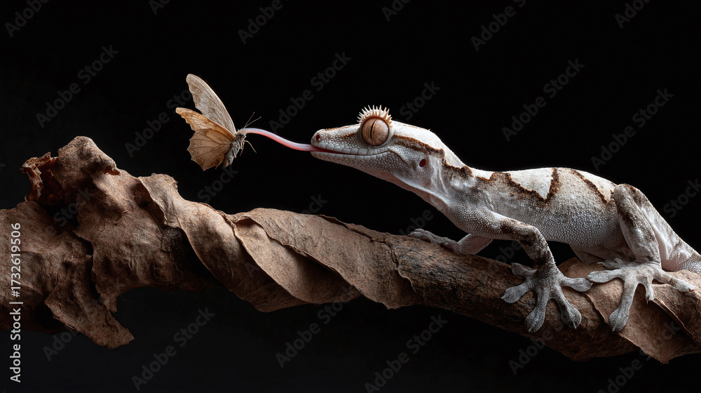 Fototapeta premium Dramatic macro shot of a gargoyle gecko with its tongue extended towards a butterfly. High contrast, symbolizing predator and prey. Evokes nature, wildlife, and survival.