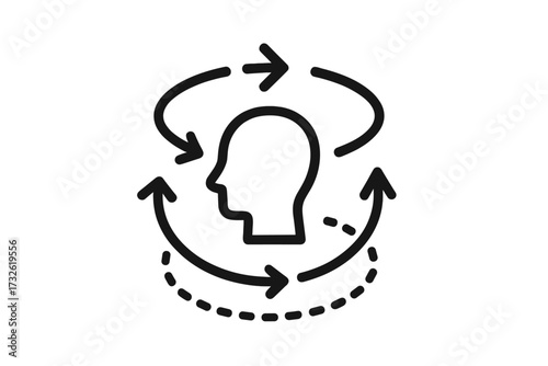 360 degrees view vector icon. Human head with rotation arrows. Concept for virtual reality, adaptation, flexibility, change management, and continuous self-improvement process.