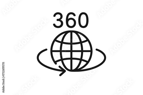360 degree view vector icon. Panorama, virtual reality symbol. Full angle, rotation, and area view concept. Immersive experience linear sign. Globe, sphere illustration for AR.