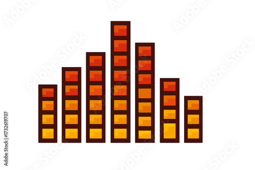 Pixel art equalizer vector icon. Retro 8-bit game style audio spectrum analyzer. Music sound wave graphic. Digital volume level meter display. Vintage frequency visualization.