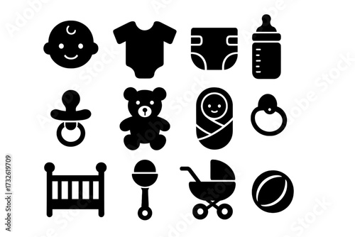 Baby essentials icon set. Simple black glyph symbols for newborn and infant care. Vector illustration includes diaper, bottle, pacifier, stroller, crib, and teddy bear.