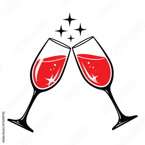 Two champagne glasses clinking together for celebration with sparkling stars overhead 