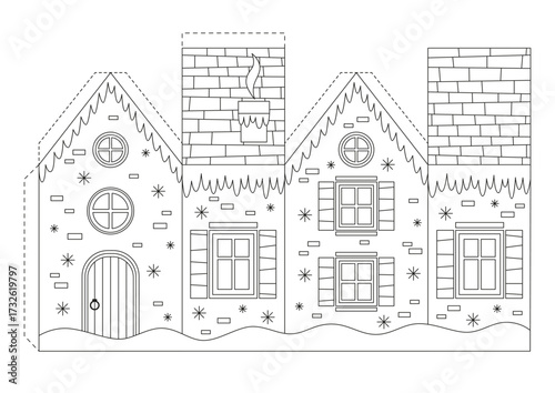 Coloring page with Christmas house for kids. Papercraft, Christmas decor, game cut and glue. Vector illustration