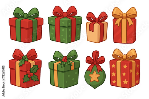 Christmas gift set cartoon vector. Collection of presents. Holiday surprise boxes. Festive wrap with ribbon bow. Xmas giftbox icon pack. Isolated graphic design element.