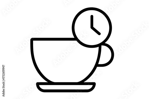 Coffee break time icon. Morning routine concept. Hot drink cup and clock for cafe menu. Tea time symbol. Office productivity and deadline metaphor. Minimalist outline vector.