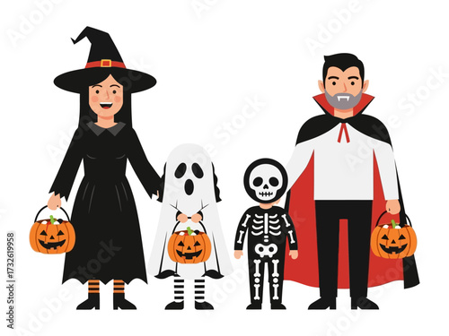 Family Halloween Delight: A cheerful family, dressed in festive Halloween costumes, radiates joy as they prepare for a night of trick-or-treating with jack-o'-lanterns in their hands.
