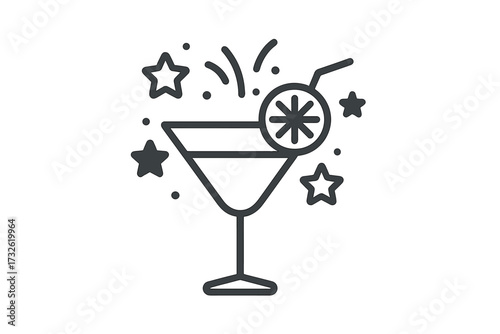 Cocktail glass line icon. Party celebration vector symbol. Drink with lemon slice and straw. Festive beverage for bar menu, happy hour logo or event invitation. Simple outline pictogram.
