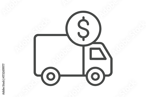 Cash on delivery truck icon. Shipping cost and logistics concept. Financial services for transport and freight. E-commerce payment symbol. Business cargo van with dollar coin.