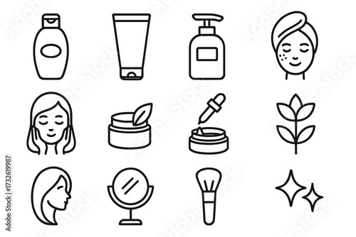 Line icon set for skin care and beauty. Big vector collection of cosmetics symbols. Includes shampoo, gel, face cream, serum, lotion, makeup brush, mirror and organic elements.