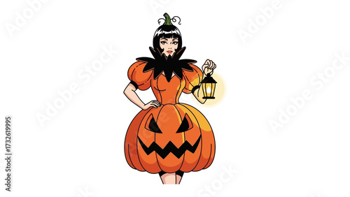Pumpkin Costume Illustration: An artistic illustration of a woman dressed in a unique and eye-catching pumpkin costume, holding a lantern to capture the playful spirit of Halloween