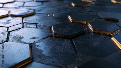 Hexagonal tiles with golden edges create a modern, futuristic textured pattern