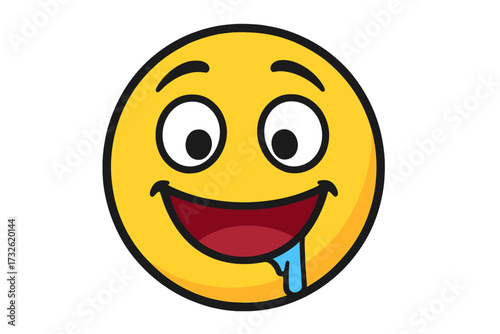 Hungry emoticon salivating, yummy emoji drooling. Delicious food concept. Smiley face with appetite. Yellow cartoon character icon for tasty meal or craving. Vector logo.