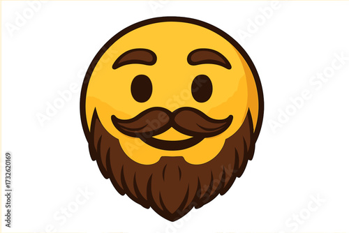 Bearded emoticon with a cool hipster mustache. Happy yellow emoji face character icon. Masculine smiley for a chat sticker or avatar. Vector graphic. Funny lumberjack or barber concept.
