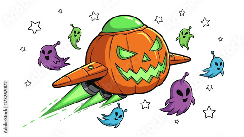 Spooky Space Flight: A whimsical illustration depicts a Halloween-themed spaceship, creatively designed as a jack-o'-lantern, soaring through a cosmic canvas alongside friendly ghosts.