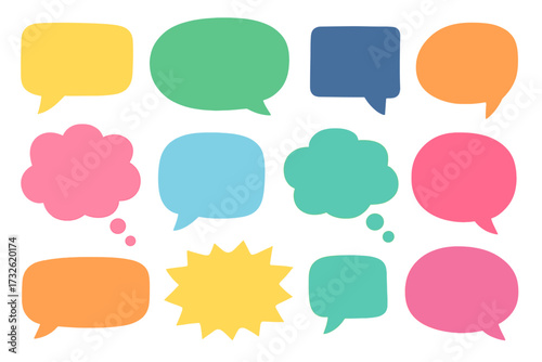 Colorful flat speech and thought bubbles set. Vector illustration for communication, chat, and dialogue. Collection of empty comic text boxes, message balloons, and quote frames.