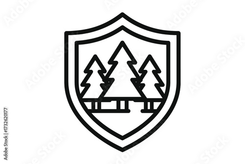 Shield with pine trees line icon. Forest protection, nature conservation, environmental security symbol. Vector woods emblem for national park, eco brand, or adventure logo.