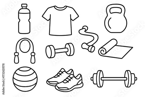 Fitness equipment essentials icon collection in a simple linear style. Vector illustration set for health, gym, workout and exercise. Sport items, dumbbell and kettlebell.