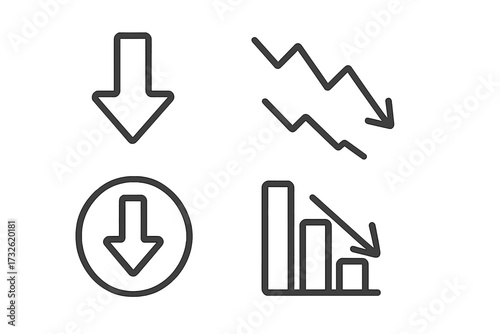 Decline icon set. Arrow down, download button, graph chart decrease. Business crisis, finance recession, economy fail concept. Stock market loss. Vector line illustration.