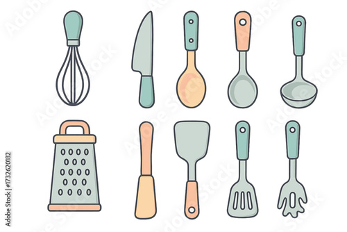 Kitchen utensils vector icon set. Flat cartoon cooking tools illustration. Culinary equipment collection with whisk, knife, spoon, ladle, grater, spatula. Pastel color graphic.