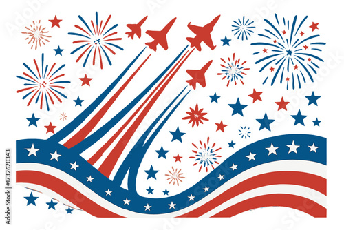 4th of July Independence Day vector background. Patriotic USA celebration with American flag, stars, fireworks, and military jet airshow. US national holiday design element.