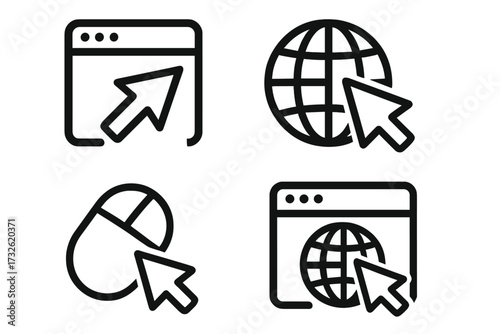 Website click icon set. Internet browser and mouse cursor icons. Web navigation symbol collection. Go to web page line icon. WWW globe and pointer vector illustration.