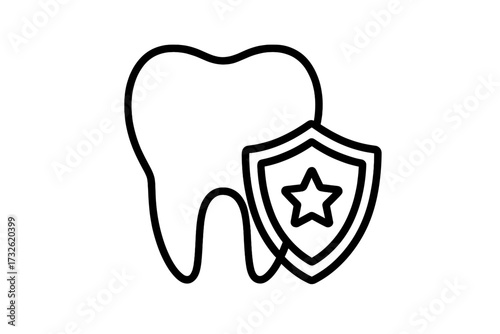 Tooth with shield and star icon. Dental protection and security concept. Health care and insurance symbol. Dentistry, oral hygiene and strong teeth vector line illustration.